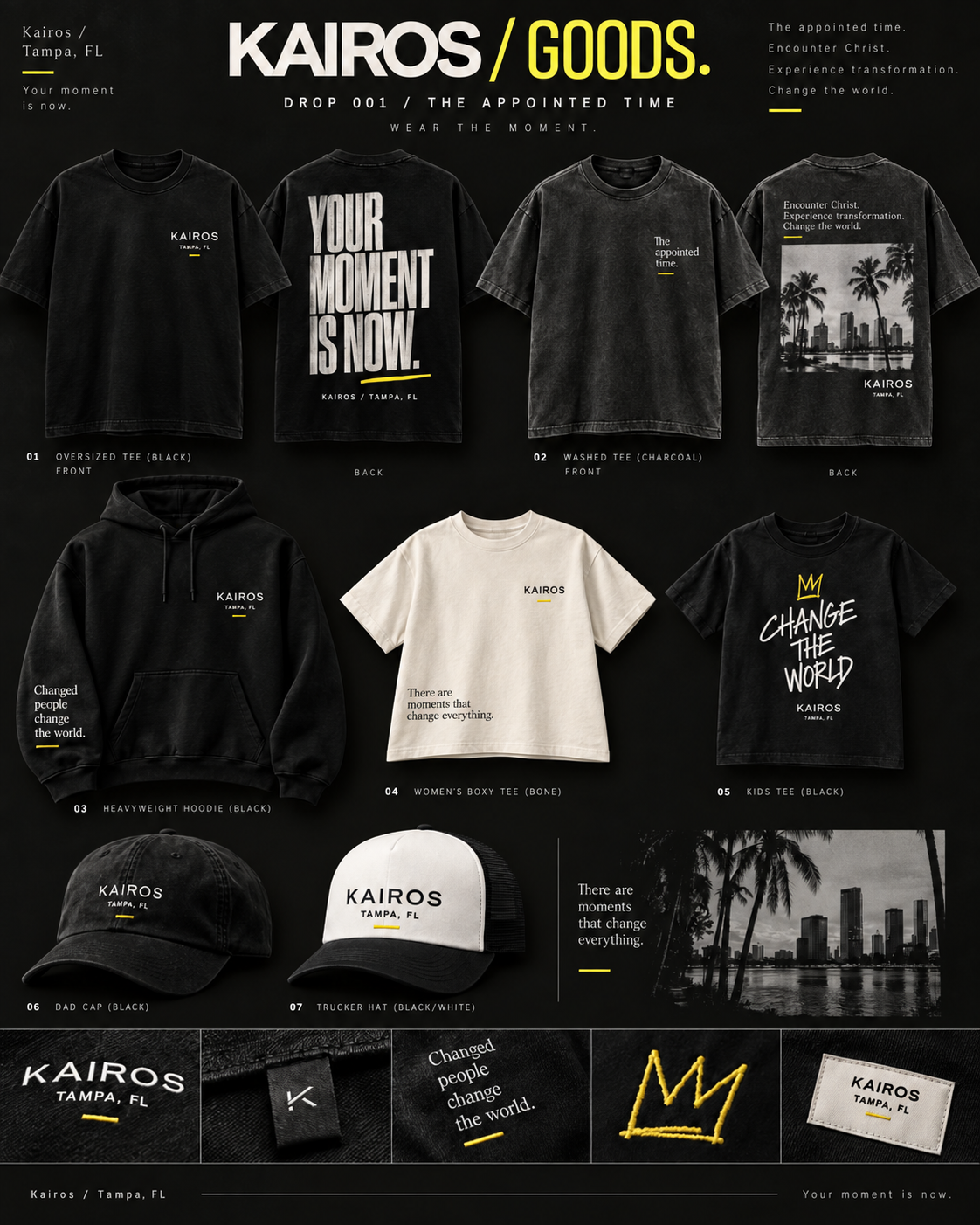 The Appointed Time collection board with skyline, sleeve message, women's and kids designs