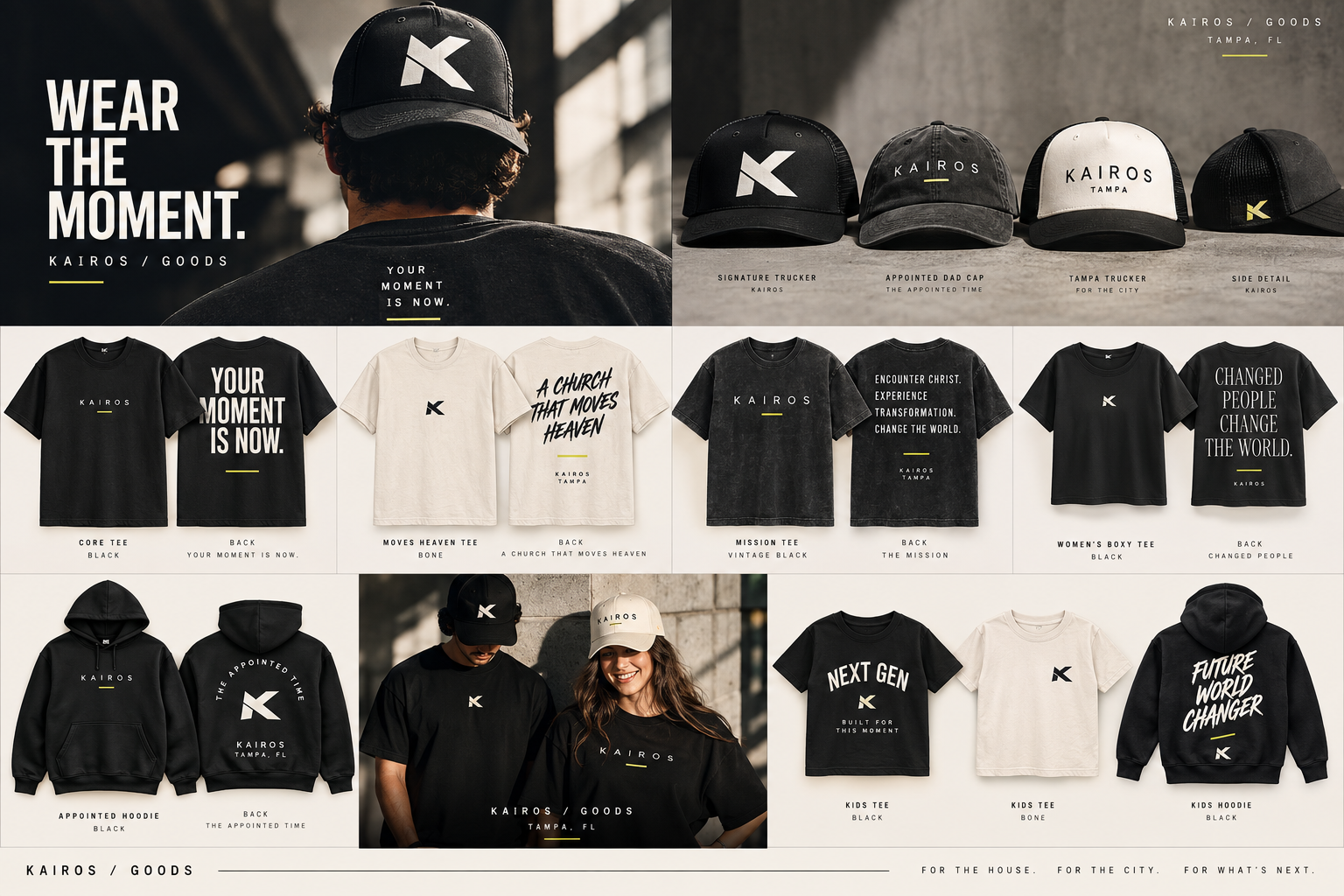 Kairos Goods collection board showing tees, hoodies, headwear and kids pieces