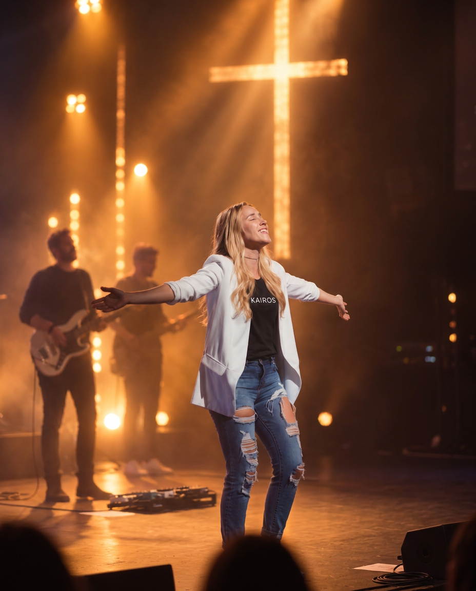 Shalise Marie Catir leading worship with arms open on stage